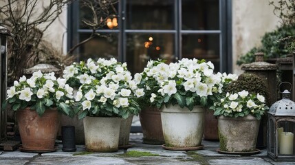 Beautiful White Flowers in Rustic Pots by Charming Doorway
