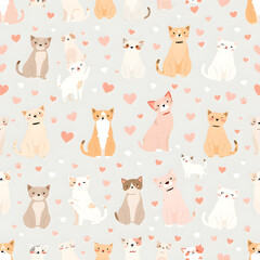 Seamless pattern of pastel-colored cats and dogs with playful poses, surrounded by tiny hearts and paw prints in 8K resolution.