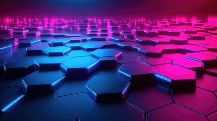 Abstract futuristic design with hexagonal grids and glowing neon lines in vibrant pink and blue. No text, no people.