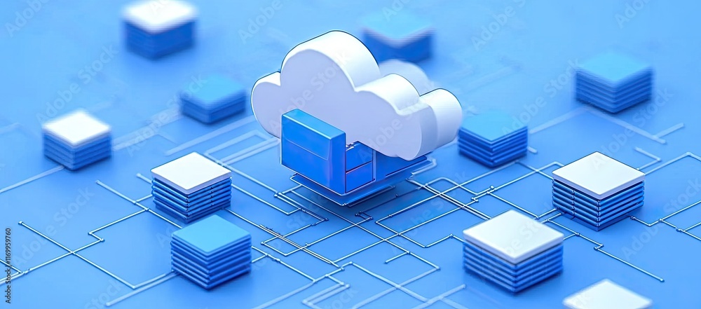 Poster cloud computing network: data servers connected to a central cloud system