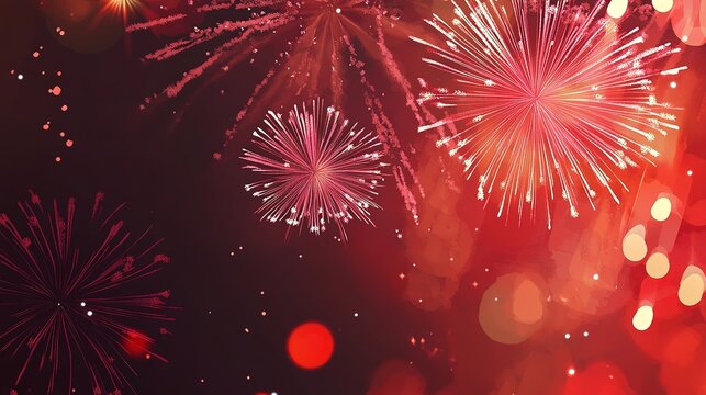 A vibrant and joyful illustration of a Happy New Year celebration with friends, featuring a red color theme. The scene depicts a group of friends gathered together, celebrating the arrival of the new