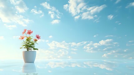 A delicate sky-blue backdrop with a flower pot in the upper left corner, leaving a tranquil and open composition