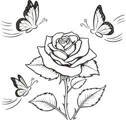 A rose flower, a butterfly flying and sitting on the rose, line art and thick lines, clear lines , no color, white background, funny art style 2..eps
