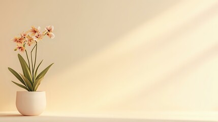 Fototapeta premium A light vanilla gradient featuring a flower pot in the upper left corner and open space for modern advertisements