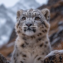 Obraz premium [Siberian tiger in snowy mountainous landscape] Siberian Tiger Leans Against Rock Formation in Snowy Wilderness, Camouflage Master