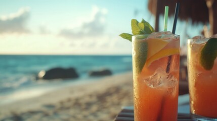 Obraz premium Tropical drinks on a beach, with straws and lime garnishes. Sunset in the background.