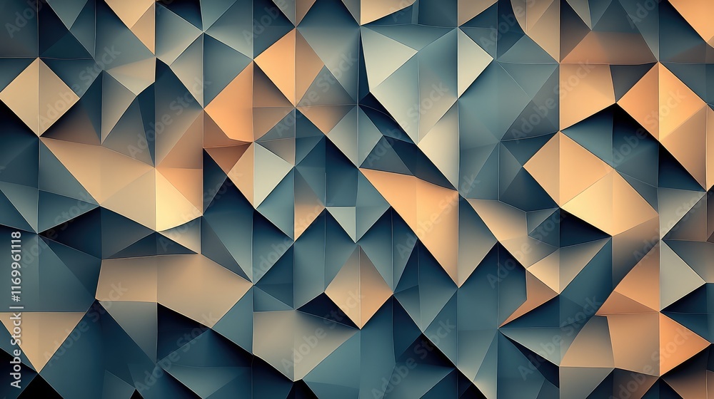 Poster ai-designed geometric abstract pattern of cubes and pyramids in metallic hues, with clear space for 