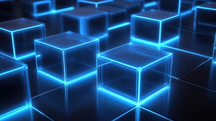 Fototapeta premium AI-designed luminous geometric structures with glowing blue edges over a deep navy gradient. No text, no people.