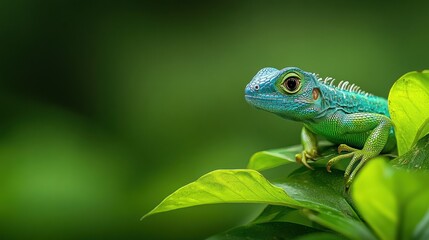 Fototapeta premium [Vibrant green geckos in nature] Vibrant Green Gecko Camouflaged in Nature Scene
