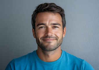 Fototapeta premium Portrait of a smiling man wearing a blue shirt