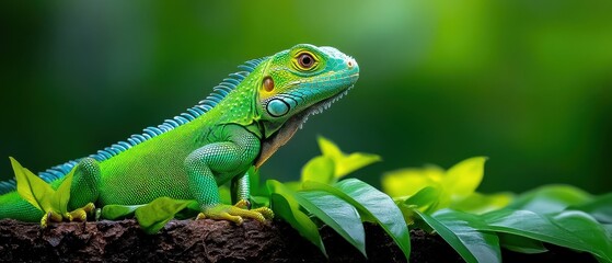 Fototapeta premium [Vibrant geckos perched on plants] Colorful Gecko Perched on Green Plant Close-Up Nature Wildlife