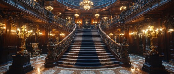 Obraz premium [Grand theater concert hall interior architecture design] Luxurious Grand Theater Interior with Semi-Circular Seating Arrangement and Ornate Chandelier
