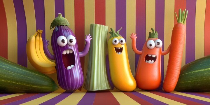 Group of animated vegetables celebrating together.
