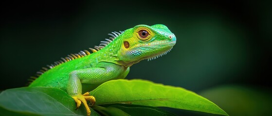 Fototapeta premium [Closeup photographs of geckos with yellow markings] Curious Green Gecko Perched on Leaf, Yellowish Markings Shine in Bright Background