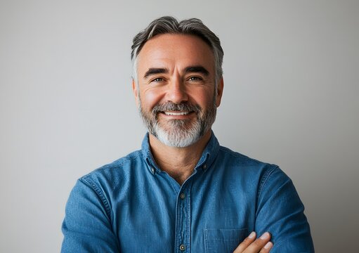 Happy mature man smiling in blue shirt