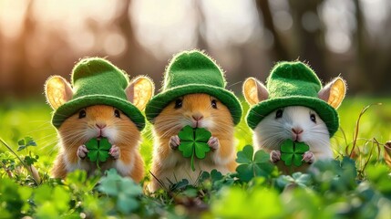 Playful bunnies celebrate st. Patrick's day in lush green field nature photography whimsical