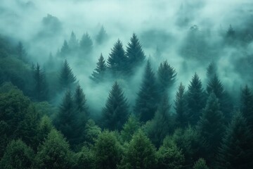 Fototapeta premium Misty forest landscape with evergreen trees and lush greenery during early morning hours