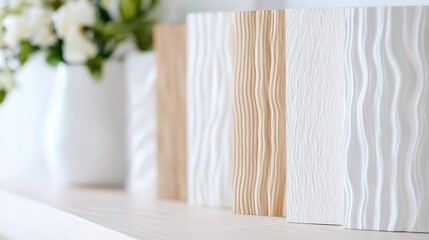Close-up of textured decorative blocks in white and beige, next to white vase with flowers.