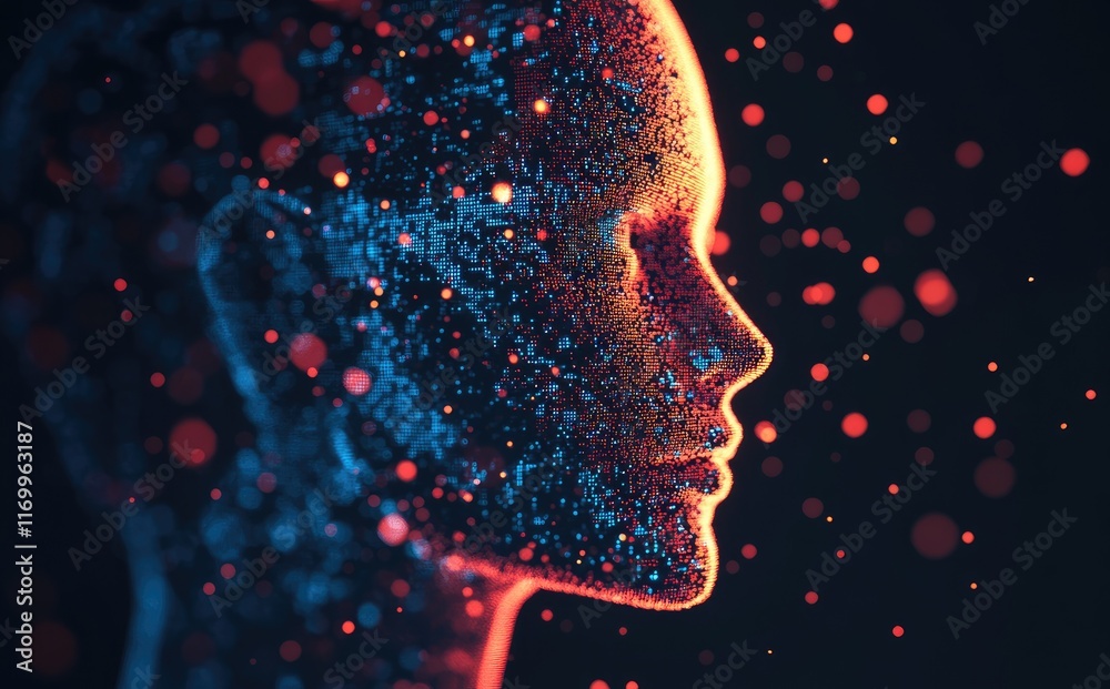 Poster a conceptual profile of a woman formed by glowing particles and dots, with vibrant blue and red tone