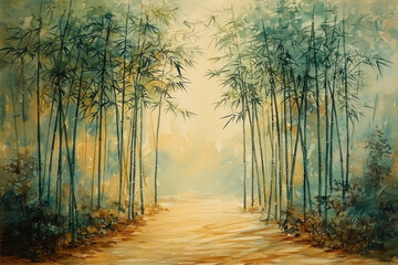 Naklejka premium Watercolor painting of a misty bamboo forest path.