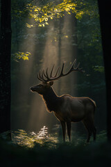 Majestic stag stands in gentle sunlight filtering through the forest canopy at dawn