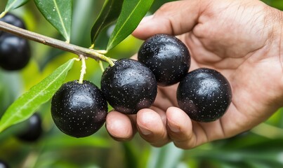 Hand harvesting ripe black olives from a branch.
