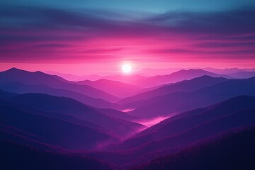 Fototapeta premium Sunset over rolling mountains with vibrant purple and blue hues reflected in the sky