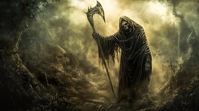 Dark Fantasy Grim Reaper in Spooky Forest