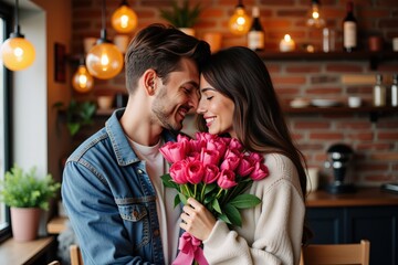 Happy Couple Holding Pink Roses in Cozy Kitchen - Perfect for Romantic Greeting Cards or Valentine's Day Decorations