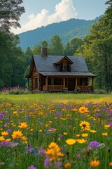Beautiful log cabin surrounded by vibrant wildflowers in a serene countryside landscape