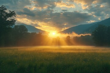 Sunrise over misty valley with mountains and golden light illuminating the landscape