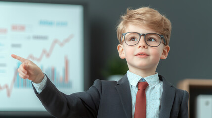 Confident young boy in suit and tie pointing at chart, showcasing his business acumen. His glasses add smart touch to his professional appearance