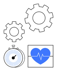 Two gears, stopwatch, and heartbeat icon suggest teamwork, productivity, fitness, and data tracking. Ideal for healthcare, time management, wellness precision industry success abstract line flat