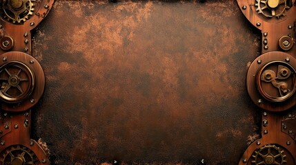 A vintage steampunk frame with brass gears and riveted metallic edges, set against an antique copper background, with plenty of space for branding.