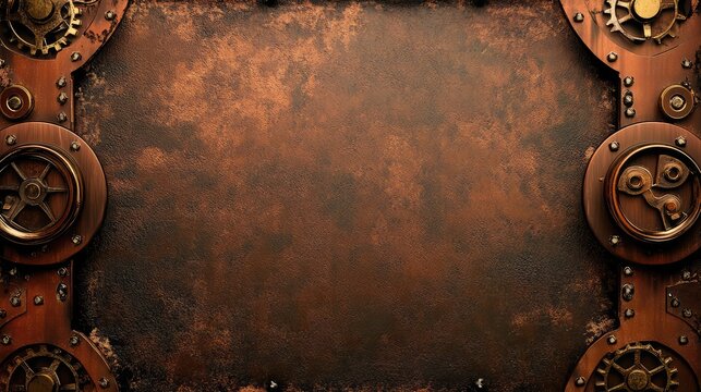 A vintage steampunk frame with brass gears and riveted metallic edges, set against an antique copper background, with plenty of space for branding.