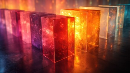 Luminous glass blocks in vibrant colors arranged on reflective surface.