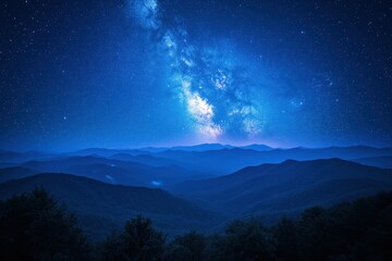 Naklejka premium Starry night sky over mountain ranges with visible Milky Way in a remote location
