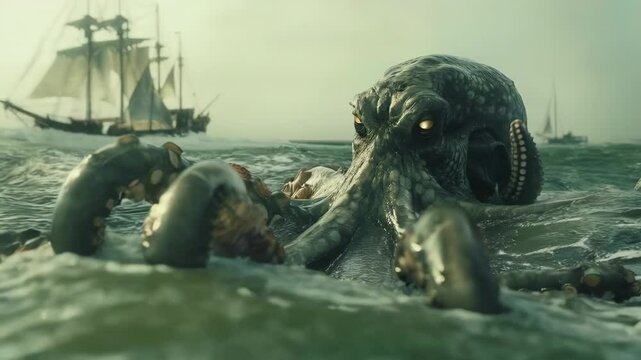 a giant octopus chases the ship
