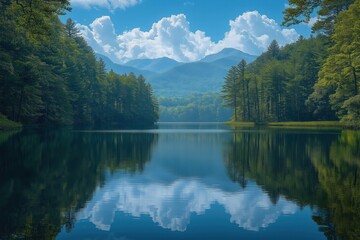 Naklejka premium Serene lake surrounded by mountains and forests on a clear day with fluffy clouds