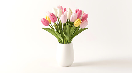 vibrant bouquet of colorful tulips in white vase, adding cheerful touch to any space. Perfect for spring decor or gifting
