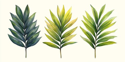 Three Watercolor Palm Tree Branches with Different Green Hues.