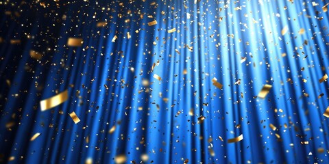 Obraz premium Blue curtain with gold confetti falling from it. The confetti is scattered all over the curtain, creating a festive and celebratory atmosphere