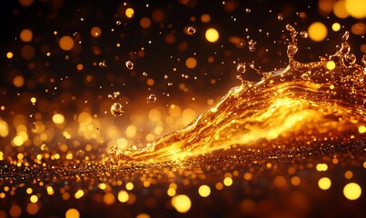 Naklejka premium Golden liquid splash on glittering surface.