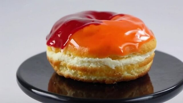Berry citrus cronut with dual glazes, polished pedestal spotlight, glowing textures for a vibrant modern aesthetic