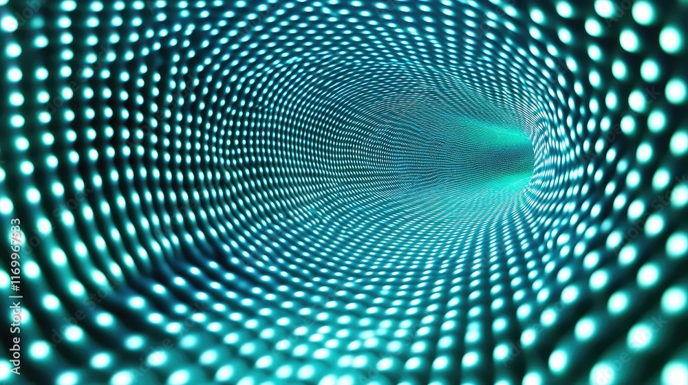 Poster futuristic d grid design with pulsating glowing dots in a network of teal and cyan tones. no text, n