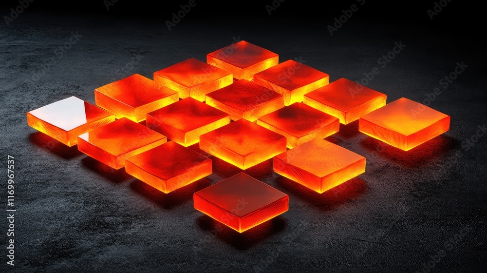 Poster futuristic d design with glowing cubes arranged in a grid-like pattern on a dark backdrop. no text, 