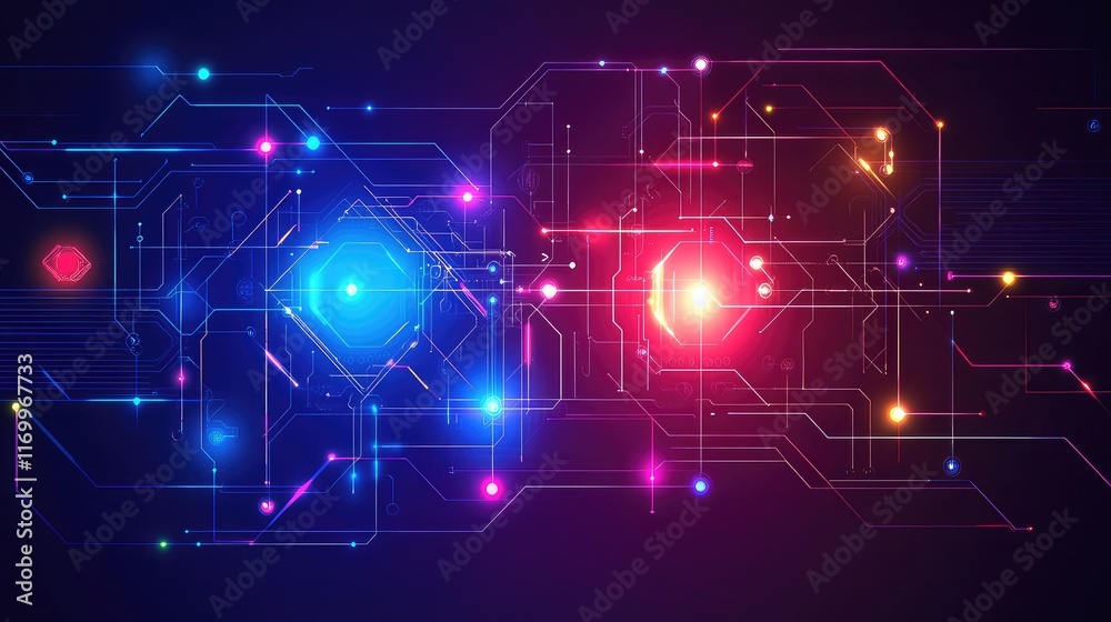 Fototapete futuristic digital circuit patterns generated by ai, glowing softly against a dark backdrop with amp