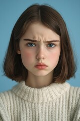 Fototapeta premium Emotional portrait of a young girl with pink cheeks, looking sad or concerned.