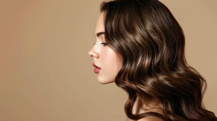 Naklejka premium Beautiful woman in profile with long wavy and shiny hair, AI generated image