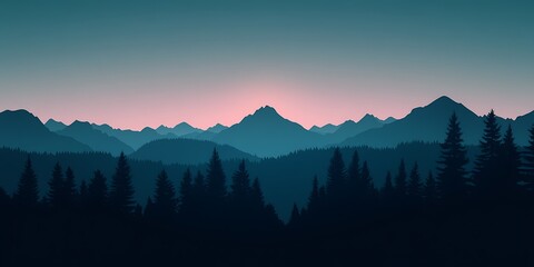Obraz premium Sunset mountain range silhouette, forest foreground, peaceful nature scene, desktop wallpaper.